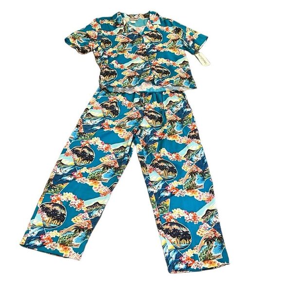 Notations vintage Hawaiian print button down top & pull on pants size LP NWT - Picture 4 of 13